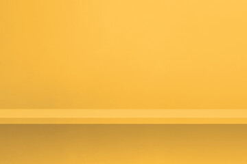 Empty shelf on a yellow wall. Background template. Horizontal backdrop