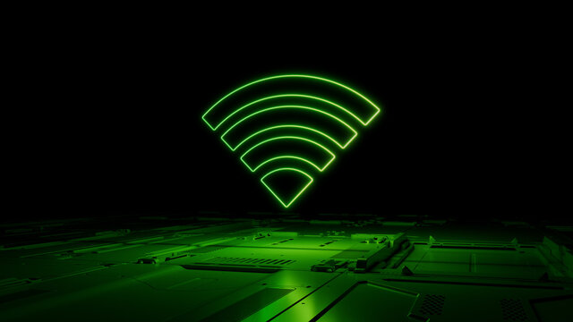Green Wireless Technology Concept with wifi symbol as a neon light. Vibrant colored icon, on a black background with high tech floor. 3D Render