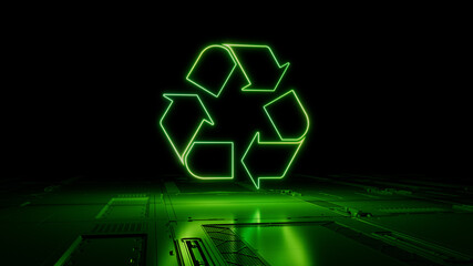 Green Eco Technology Concept with recycle symbol as a neon light. Vibrant colored icon, on a black background with high tech floor. 3D Render