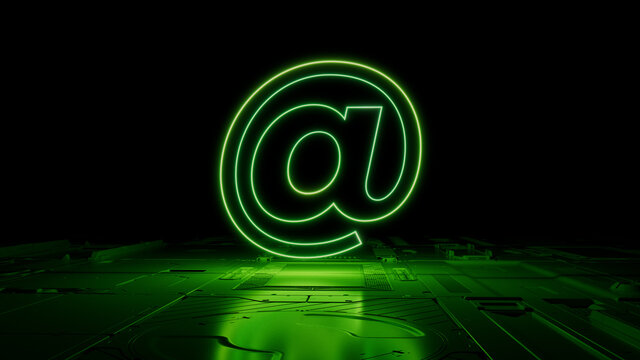Green neon light @ icon. Vibrant colored Email technology symbol, on a black background with high tech floor. 3D Render