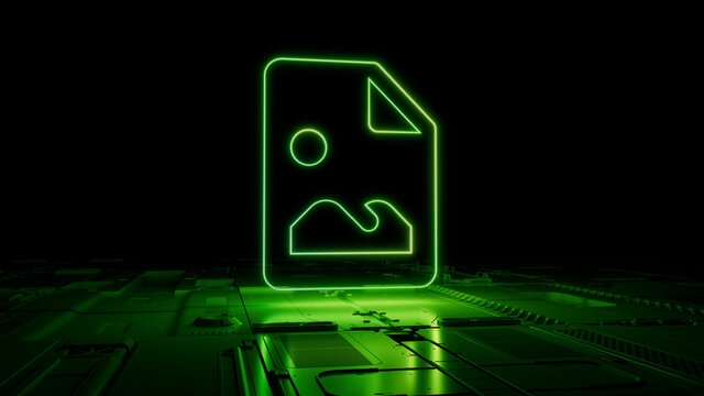Green neon light picture icon. Vibrant colored Image technology symbol, on a black background with high tech floor. 3D Render