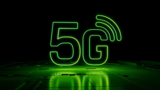 Green neon light 5G icon. Vibrant colored Wireless technology symbol, on a black background with high tech floor. 3D Render