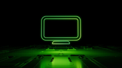 Green neon light Monitor icon. Vibrant colored Display technology symbol, on a black background with high tech floor. 3D Render