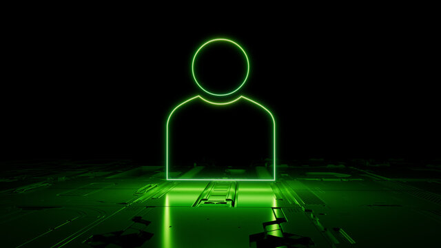 Green neon light user icon. Vibrant colored Social technology symbol, on a black background with high tech floor. 3D Render