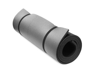 Rolled grey camping mat isolated on white