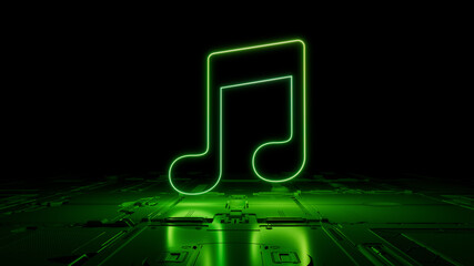 Green Audio Technology Concept with music symbol as a neon light. Vibrant colored icon, on a black background with high tech floor. 3D Render
