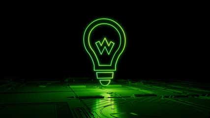 Green neon light lightbulb icon. Vibrant colored Innovation technology symbol, on a black background with high tech floor. 3D Render