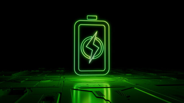 Green Energy Technology Concept with battery symbol as a neon light. Vibrant colored icon, on a black background with high tech floor. 3D Render