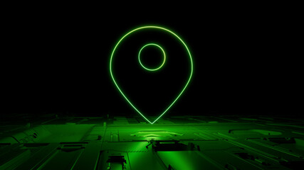 Green Location Technology Concept with map pin symbol as a neon light. Vibrant colored icon, on a black background with high tech floor. 3D Render