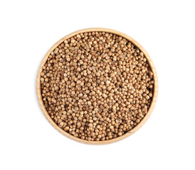 Dried coriander seeds in wooden bowl on white background, top view