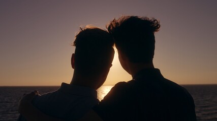Young gay couple standing near the sea, enjoying sunset, looking into the future - obrazy, fototapety, plakaty
