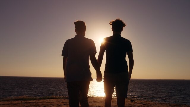 Same-sex couple holding hands, walking on beach together, lgbt love relationship