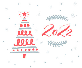 Fototapeta na wymiar 2022 new year greeting card template with red numbers and hand drawn Christmas tree