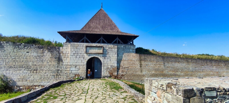View of the main entrance to the fort. Walls and gate in Khotyn Fortress. Towers of the castle. Ukraine. Europe