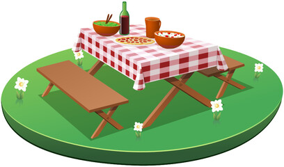 Picnic table with a checkered tablecloth with food and drink