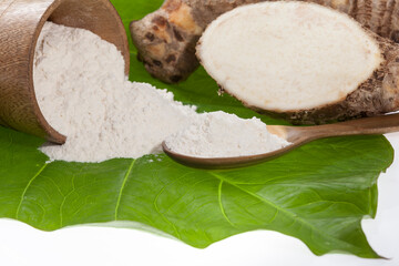 Taro Root of Colocasia esculenta and Organic Taro Flour in a bowl