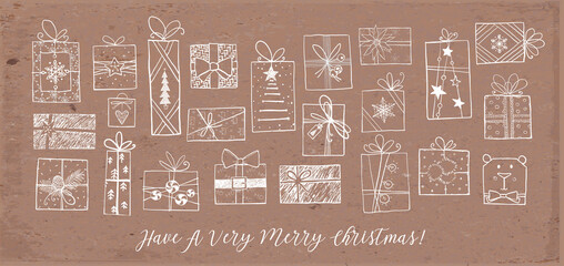 Collection of christmas doodle gift boxes on brown parcel paper background