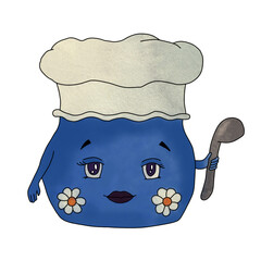 Blue tureen with a floral pattern, in a chef's cap and a large spoon in hand. Watercolor cartoon hand drawn illustration