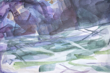 Shady landscape background. Purple and green weathered wallpaper. Abstract raw paint texture. Artistic contemporary concept. Wet effect surface.