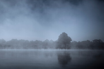 River landscape in the fog / Dark blue river landscape in the morning mist.
