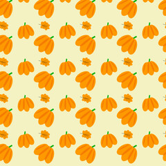 Pattern with bright pumpkins and oak leaves.