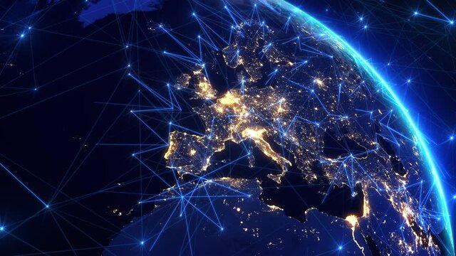 
Planet Earth Seen From Space with City Lights. Communication Network Connections from Europe to North America. Internet Connection By Satellites. 