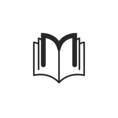 Logo printing house or educational encyclopedia Open book with outline letters M, black and white magazine symbol or school library.