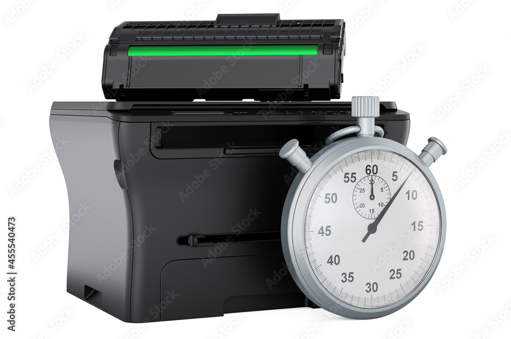 Poster stopwatch with multifunction printer mfp, 3d rendering