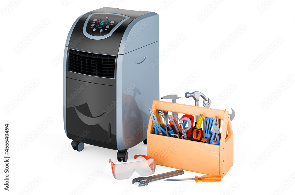 Poster portable air conditioner with toolbox. repair and tech support of portable air conditioners concept,