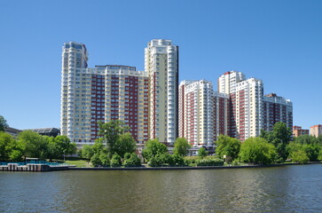 Fototapeta na wymiar Moscow, Russia - June 3, 2021: Vasco da Gama residential complex on the bank of the Moscow Canal in Khimki