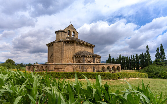 Church Saint Mary of Eunate, a XII century romanesque architecture masterpiece with an unusual octagonal layout, standing isolated in agricultural fields in Navarre (Navarra), Spain