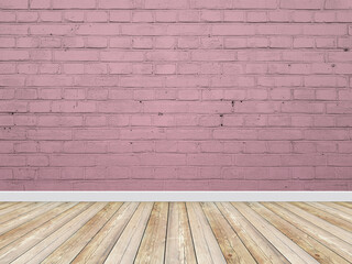 Brick wall interior pink background with a wooden floor