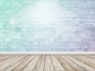 Brick wall with spotlight. Blue interior background wooden floor