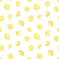 Watercolor lemons seamless pattern isolated on white background. Summer lemons digital paper. 