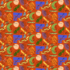 Seamless pattern in doodle style, boho. Print in pastel shades. Pattern with colorful spots and lines for printing on textiles, printing and interior decor. Illustration in the style of abstraction.