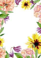 Beautiful watercolor wildflower frame with hand drawn wild floral, twigs, leaf, foliage for wedding invite, greeting card, baby shower, bridal shower.