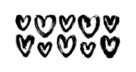 Black and white vector hearts collection. Various romantic charcoal pencil drawing pack. Vector illustrations set with abstract hearts. Grunge black cliparts isolated on white. Valentine day symbols