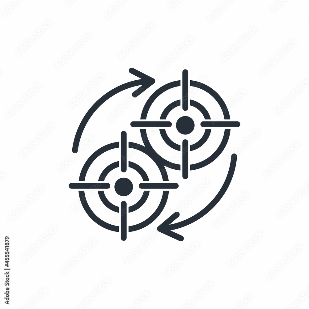 Poster convergence, merging of targets. vector linear icon isolated on white background.