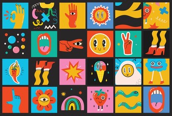 Big Set of Different colored Vector illustartion posters in Cartoon Flat design. Hand drawn Abstract shapes, funny Comic characters.