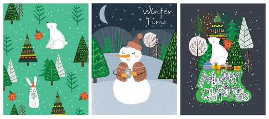 Fototapeta premium Vector hand drawing trendy abstract illustrations of holiday cards of Merry Christmas and Happy New Year 2022 with christmas tree, winter forest and lettering.