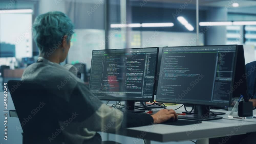 Poster In Diverse Office: Female Programmer is Working on Desktop Computer, Screen Shows Coding Language User Interface. Digital Entrepreneur Creating Modern Software, e-Commerce App Design. Over Shoulder