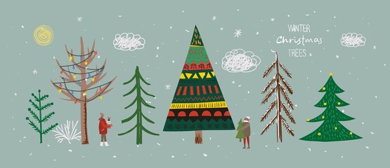 Vector set of winter Christmas trees and sun, snow, snowflake, bush, cloud, people for Creating own New Year and Christmas illustration cards