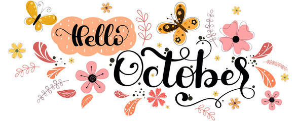 Hello October. OCTOBER month vector with flowers and leaves. Decoration floral. Illustration month October	
 - obrazy, fototapety, plakaty