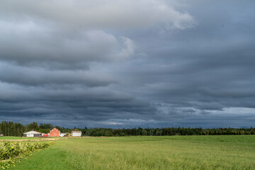 Fototapeta na wymiar Farm fields under dark clouds in rural Prince Edward Islnd, Canada.