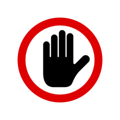 Black hand prohibition sign. Stop sign push icon. No symbol isolated on white. Vector illustration