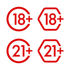 Eighteen and twenty one plus years sticker, badge, circle and hexagonal red labels. Vector illustration
