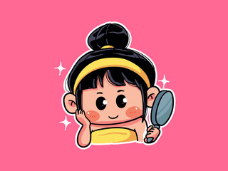 Cute and kawaii Girl Look in the Mirror after Skincare Routine manga chibi Illustration
