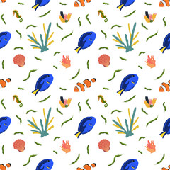 Sea animal seamless pattern with clownfish and surgeonfish coral and shell. Undersea world habitants print. Hand drawn underwater life vector illustration. Funny cartoon marine animals character