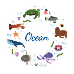 Design template with sea animal in circle for kid print. Round composition of marine animals, turtle and whale, octopus, fur seal. Vector set of underwater life in cartoon style.