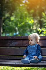 Little blond haired boy sitting in the nature
